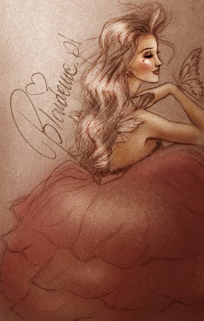 Airy Fairy Rimmel 070 - piękna, różowa szminka - makijaż ust na baśniowym rysunku (wróżka i motyl)