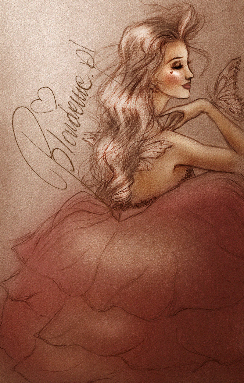 Airy Fairy Rimmel 070 - piękna, różowa szminka - makijaż ust na baśniowym rysunku (wróżka i motyl)